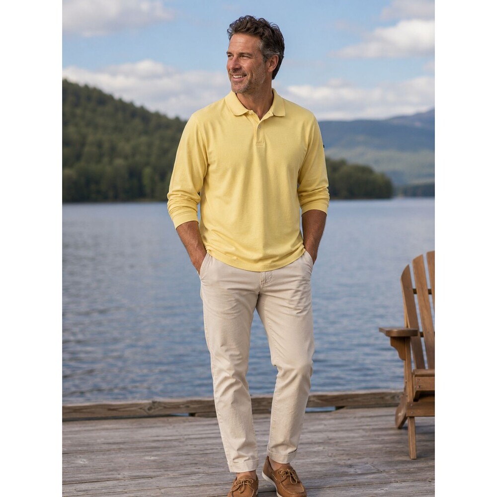 LL Bean 100% Cotton Long Sleeve Polo Shirt Mens XL Yellow Casual Classic